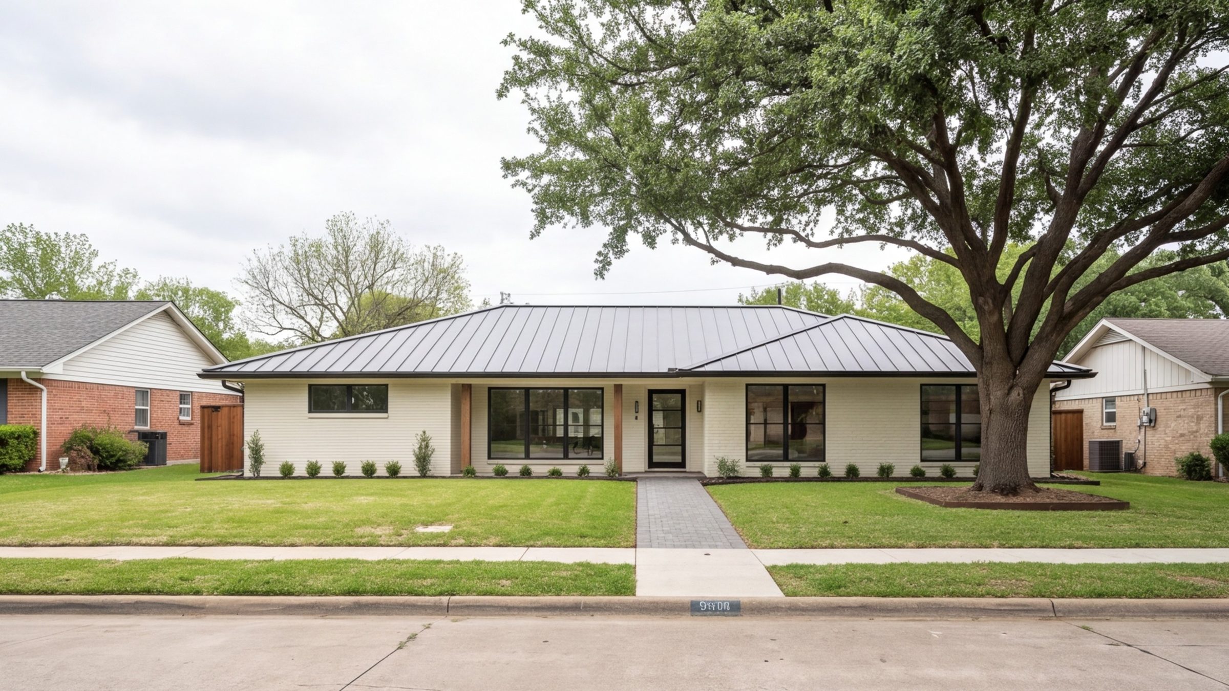 Street view of a remodeled mid-century brick ranch in south Fort Worth under a live oak