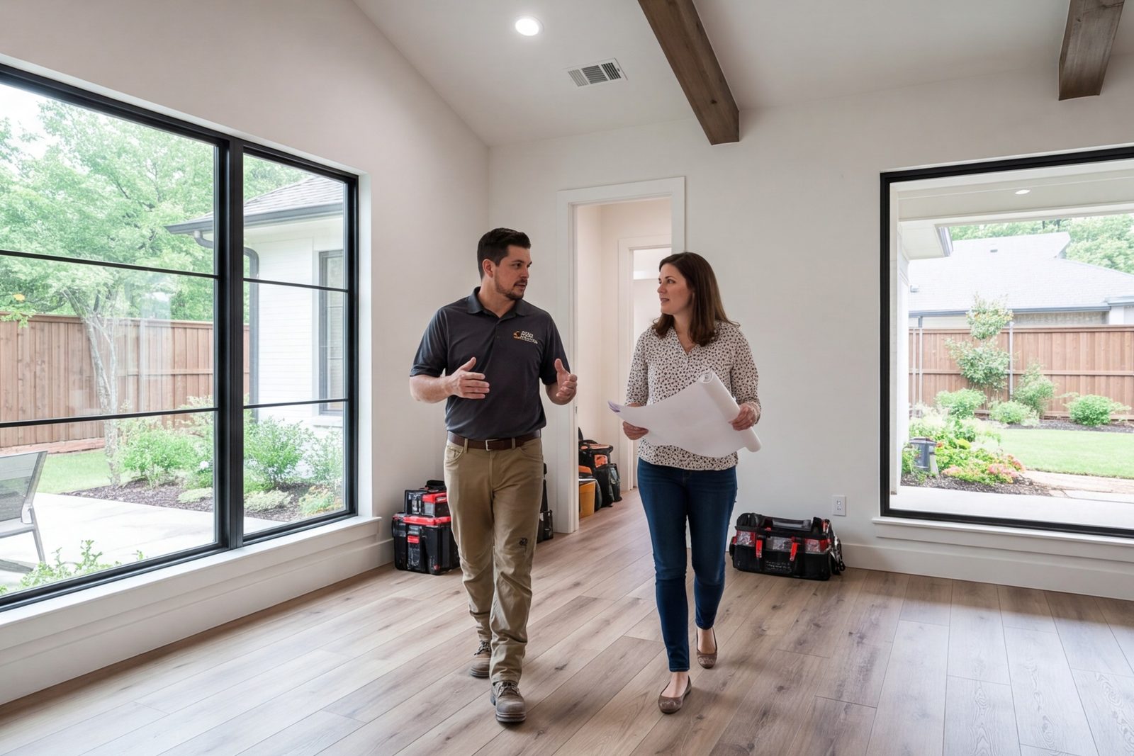 Crew member and homeowner walking through a finished living room with the plan in hand