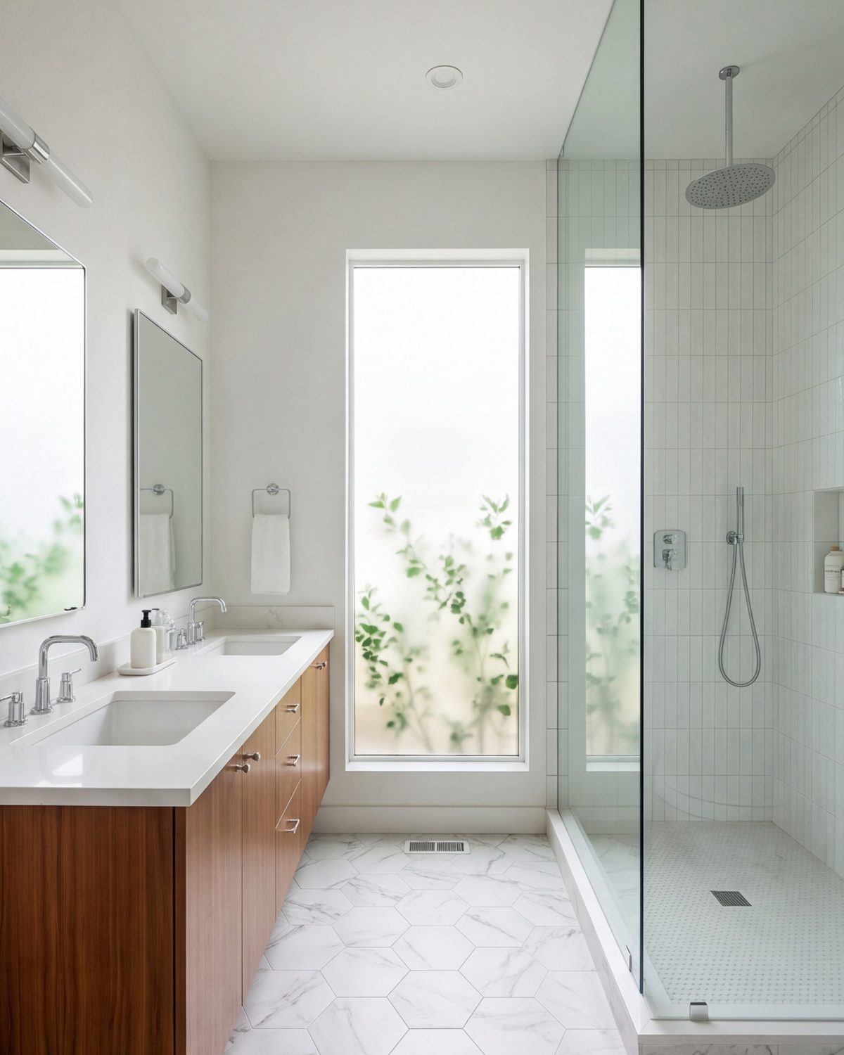 Hemphill primary bathroom with a large walk-in shower and a double vanity
