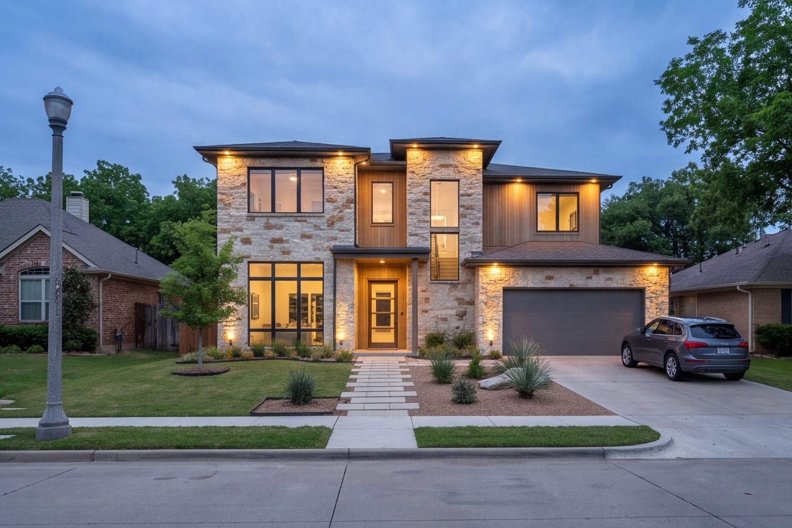 New custom home on a suburban lot south of Fort Worth at evening