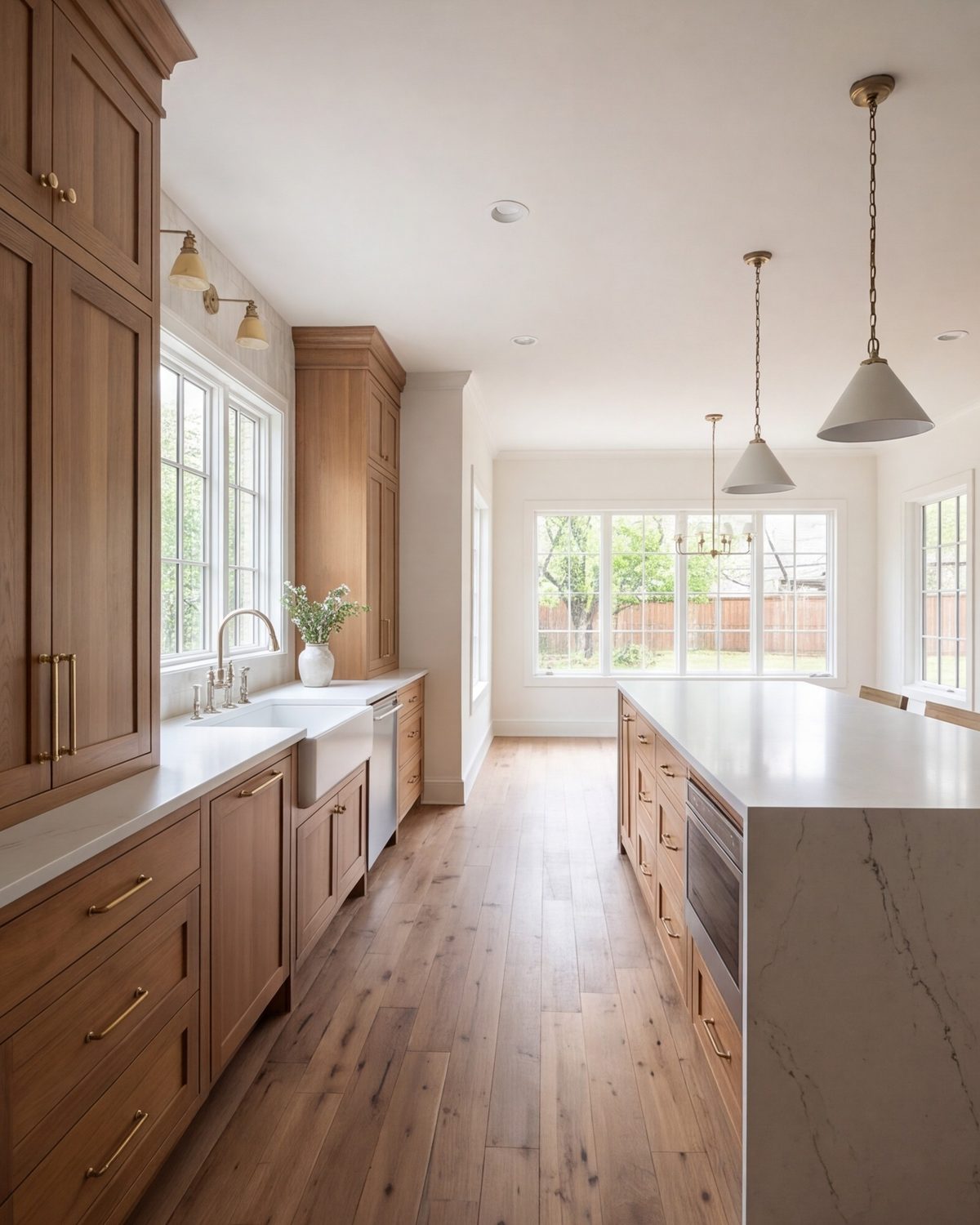 Wide modern kitchen with a long island, tall cabinets and large windows in a Fort Worth home