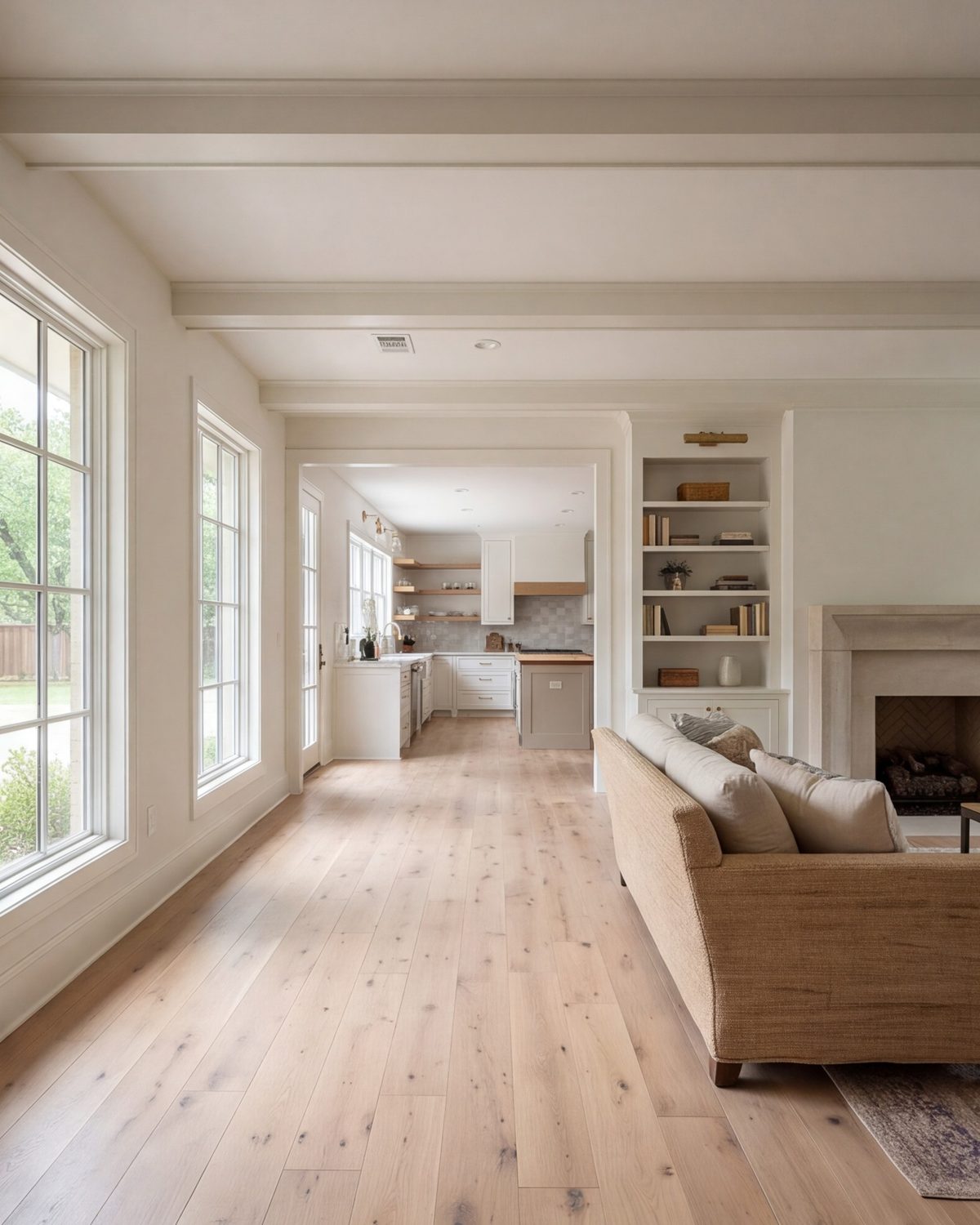 Open-plan living room, dining area and kitchen after a whole-home remodel in a south Fort Worth house